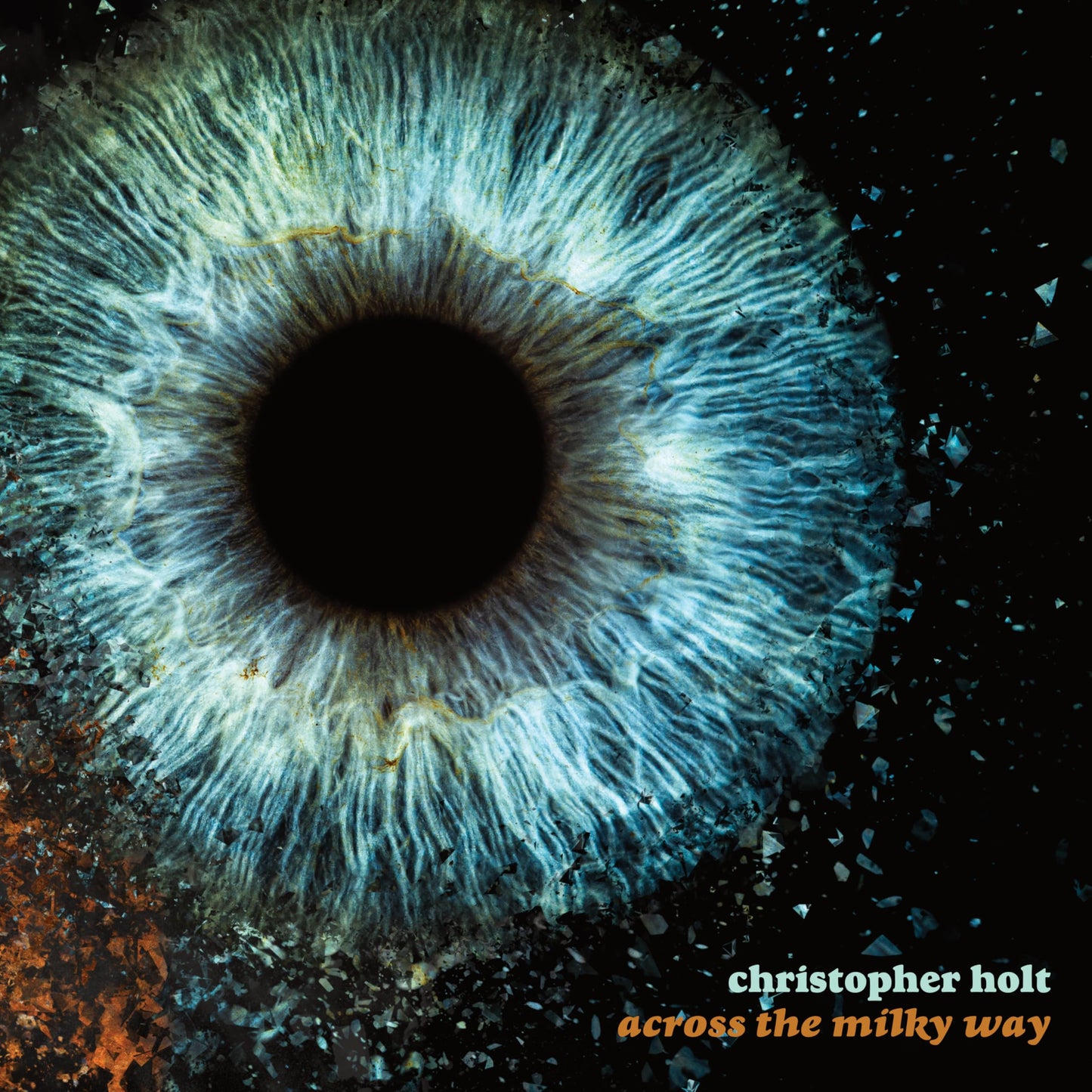 Close-up of a blue eye with sparkling details and album text.