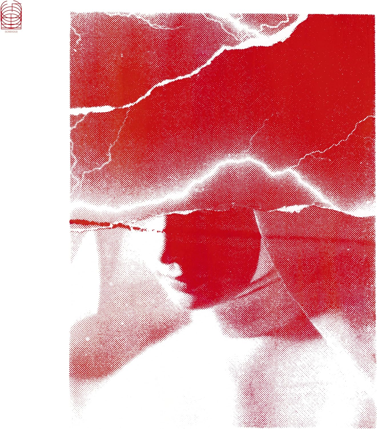 Red halftone portrait of a person with their face obscured.