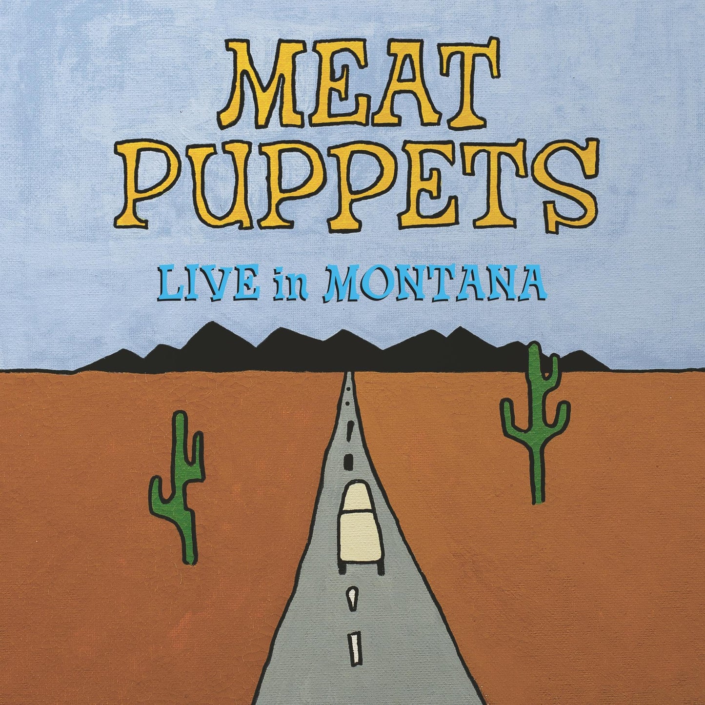 Meat Puppets album cover: painted desert landscape with a car on a road.