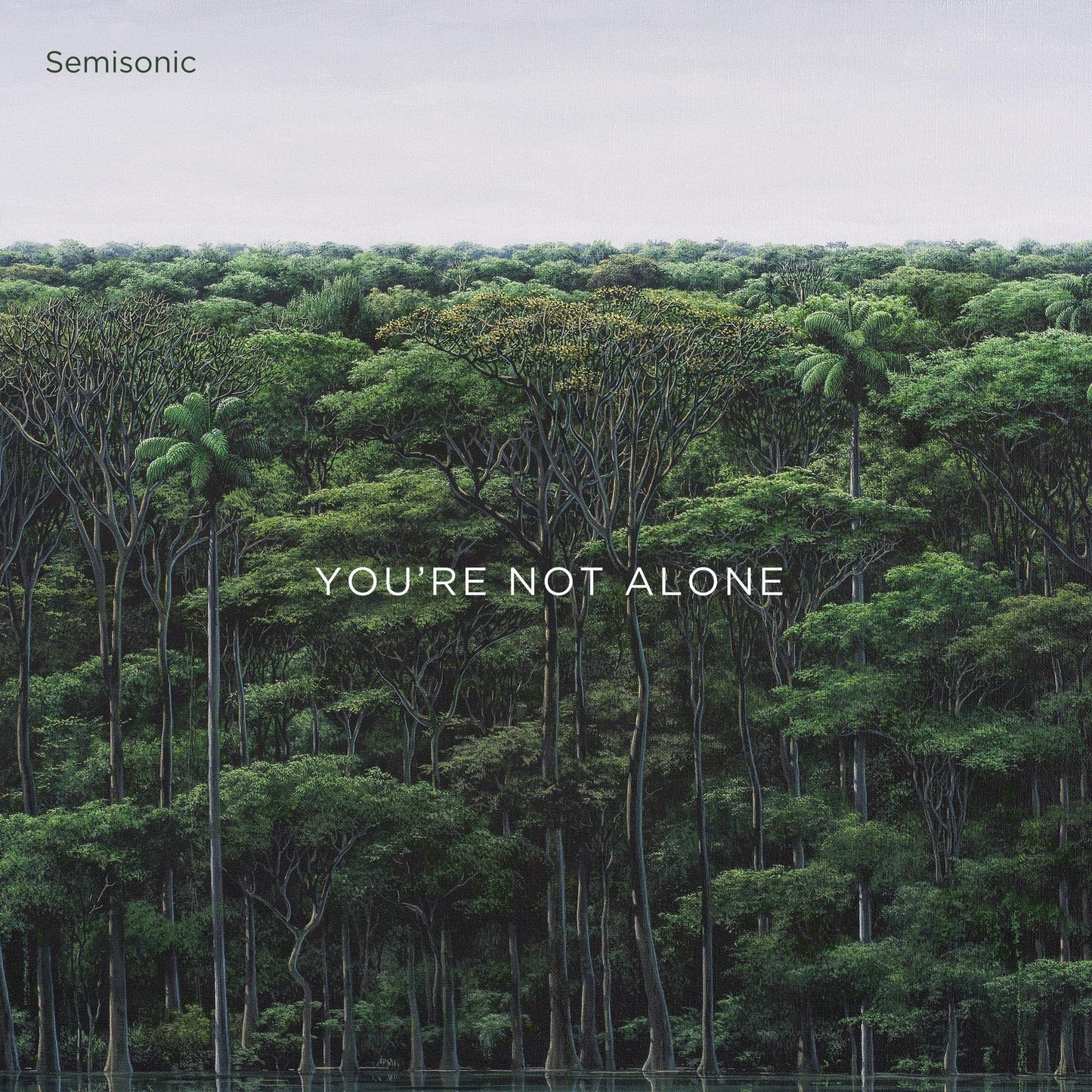 Dense green forest canopy with text “YOU’RE NOT ALONE” centered.