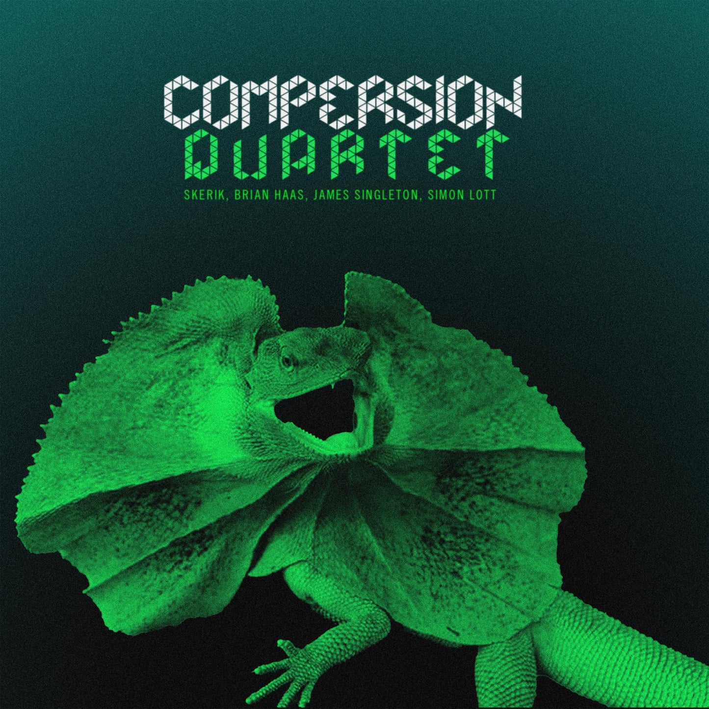 Album cover featuring a bright green frilled-neck lizard and glowing text.