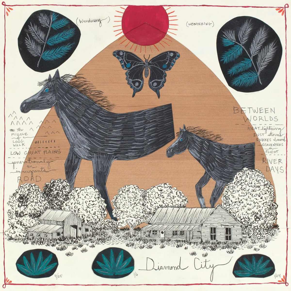 Hand-printed vinyl record cover with a wolf, butterfly, and landscape scene.