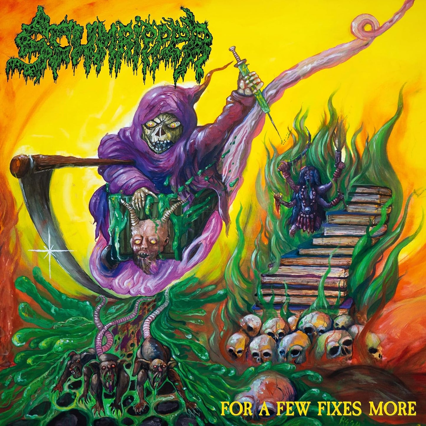 Grim reaper holding a syringe above skulls and a staircase on a yellow background.