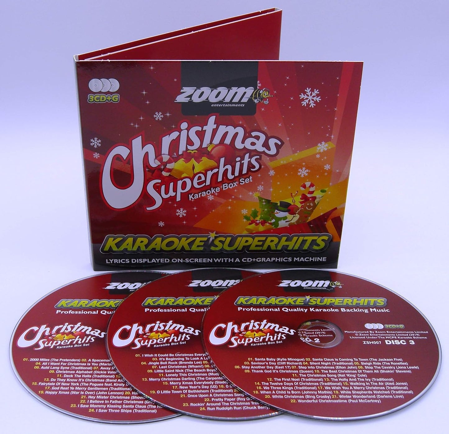 Zoom Karaoke Christmas Superhits CD+G box set with song list displayed.