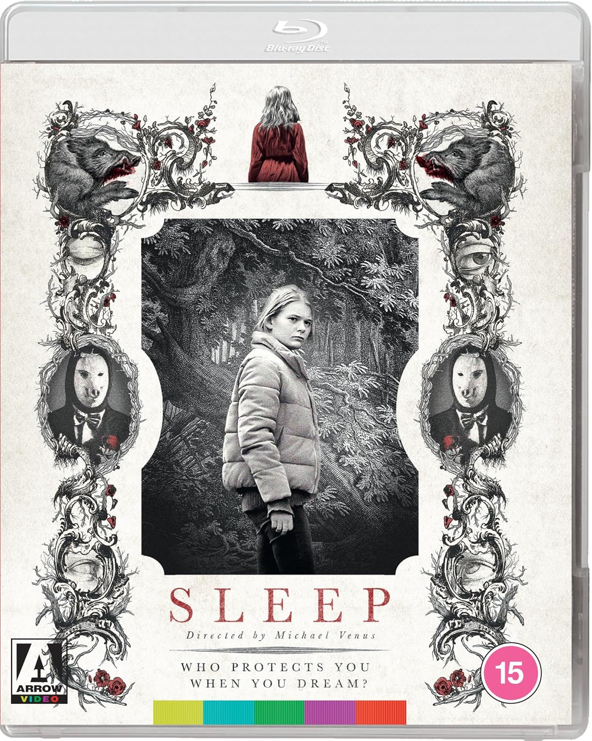 Blu-ray cover for “Sleep” featuring a woman in a winter coat and ornate frames.
