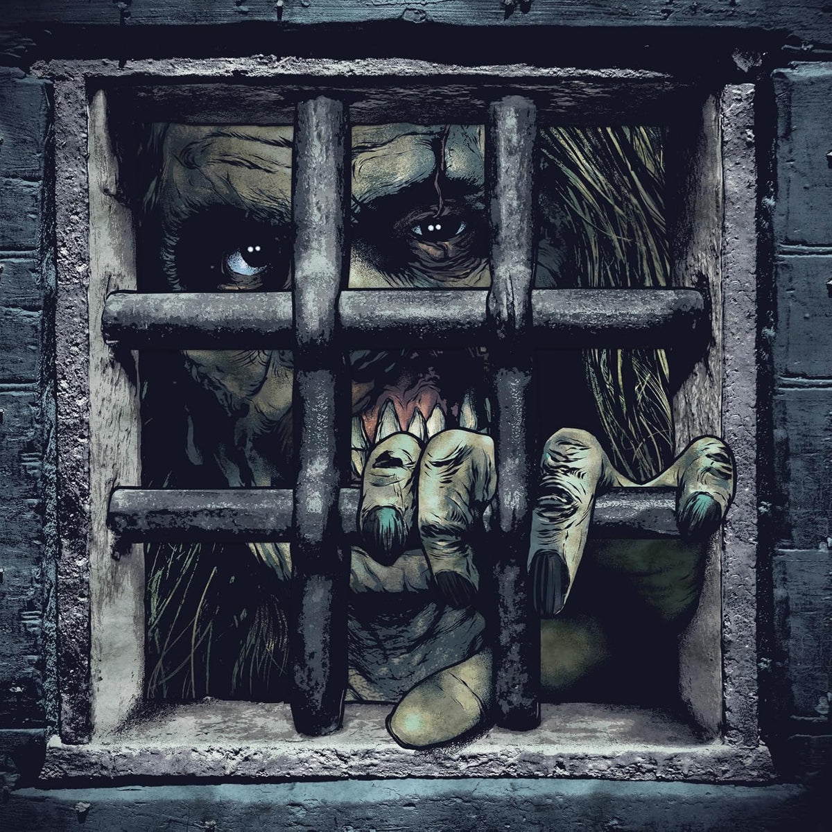 Monster’s face and clawed hand reaching through prison bars.