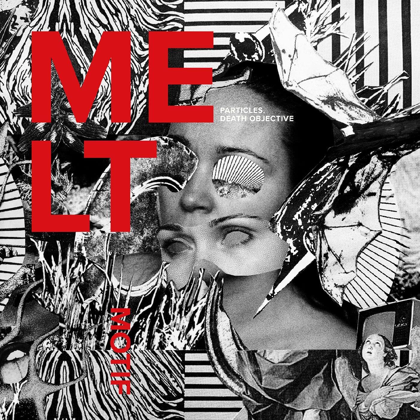 Collage album cover with distorted faces, bold red text, and abstract patterns.