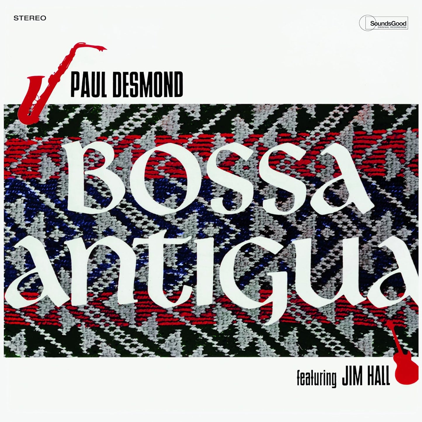 Album cover for Paul Desmond's Bossa Antigua featuring a patterned background and red instrument silhouettes.