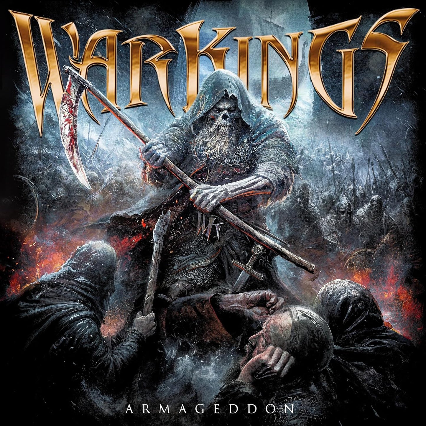 Album cover for Warkings’ “Armageddon” featuring a skeletal warrior and battle scene.