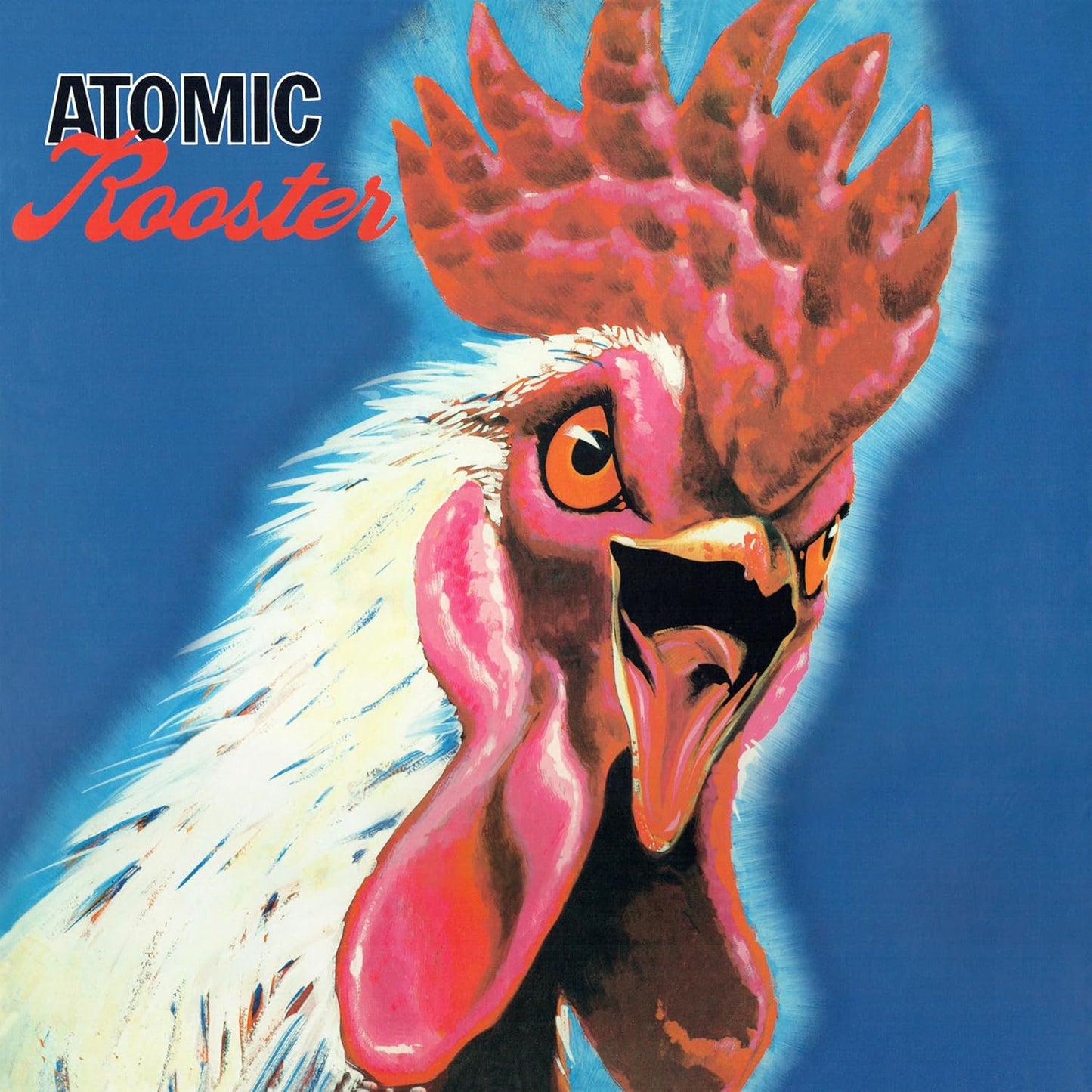 Colorful painting of a rooster’s head and neck against a blue background.