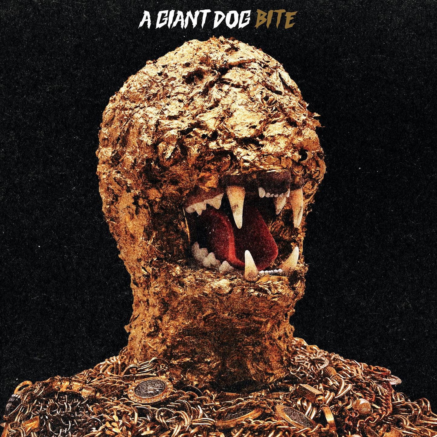 Album cover: monstrous, textured head with open mouth and gold coins.