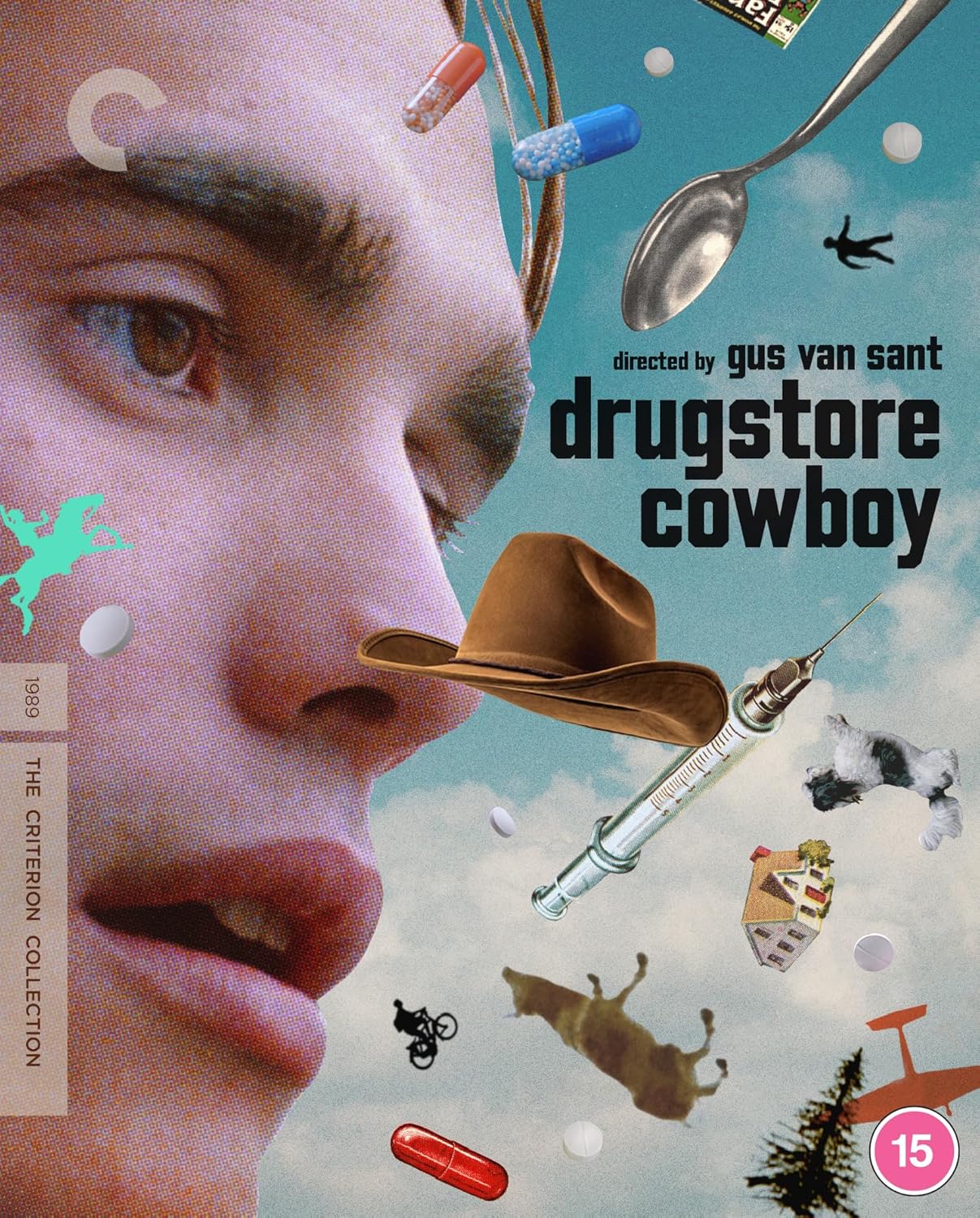 Drugstore Cowboy" Blu-ray cover with a man’s face and drug imagery.