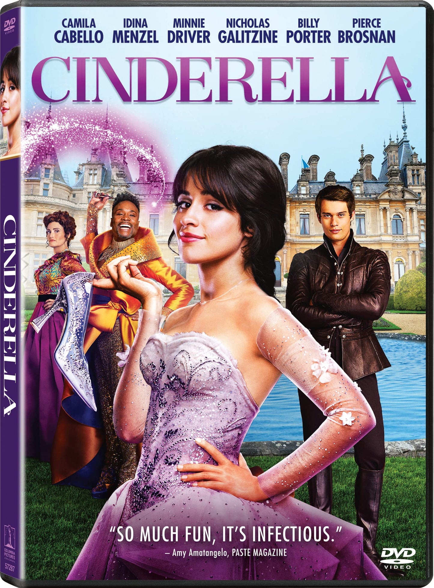 Cinderella DVD cover featuring Camila Cabello, Idina Menzel, and Pierce Brosnan.