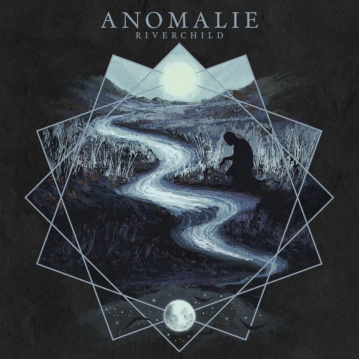 Dark album cover with a winding river, lone figure, and geometric shapes.