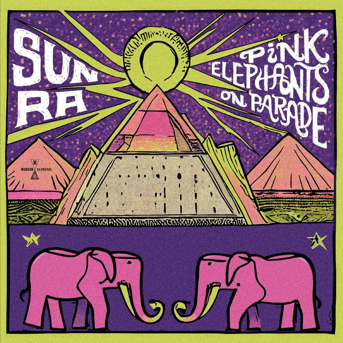 CD cover for Sun Ra’s “Pink Elephants On Parade” with pyramids and elephants.