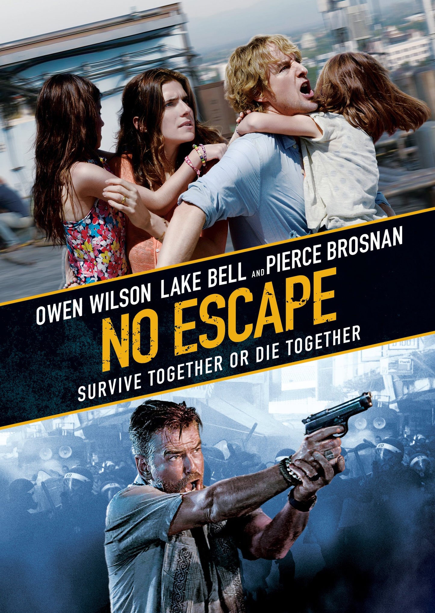 No Escape" DVD cover featuring Owen Wilson, Lake Bell, and Pierce Brosnan.