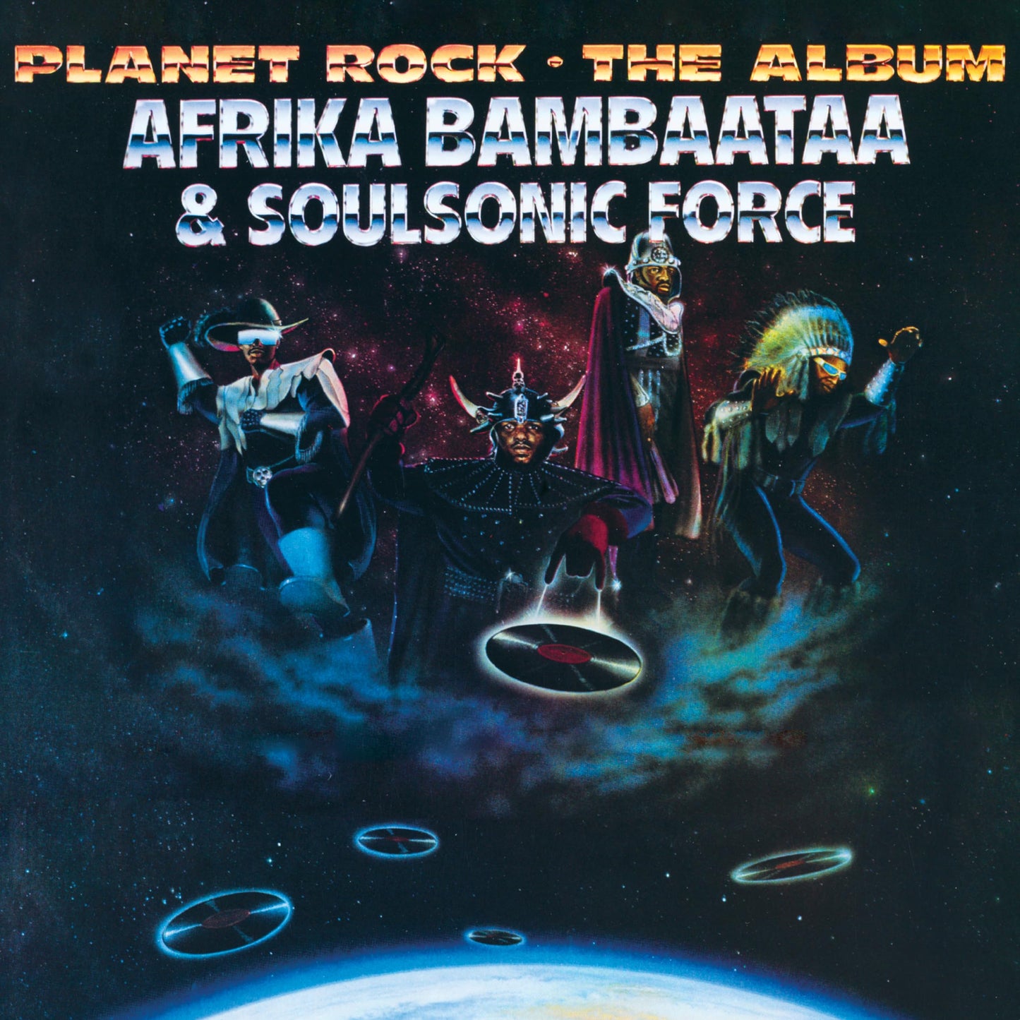 Album cover for Afrika Bambaataa & Soulsonic Force’s “Planet Rock,” featuring figures in space.