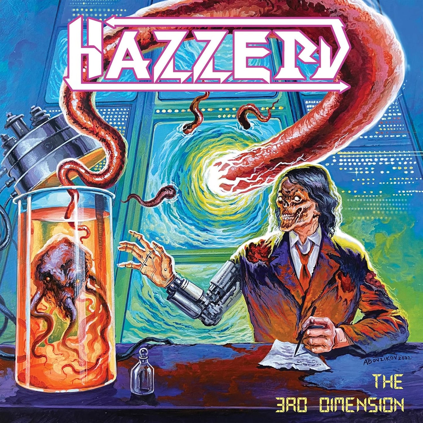 Album cover: Hazzerd - The 3rd Dimension, featuring a mad scientist and octopus.