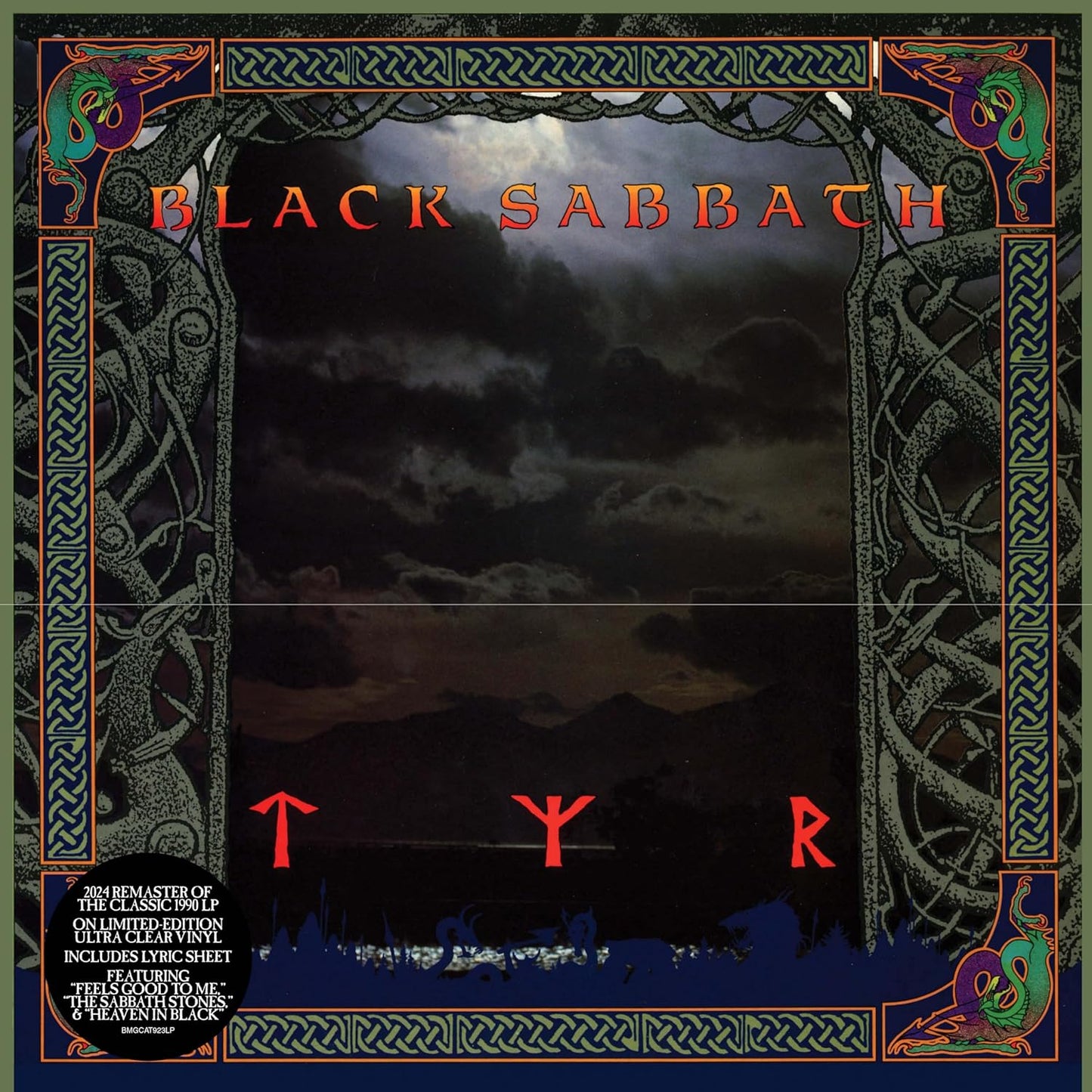 Black Sabbath “Tyr” vinyl record cover with ornate gold border and dark imagery.