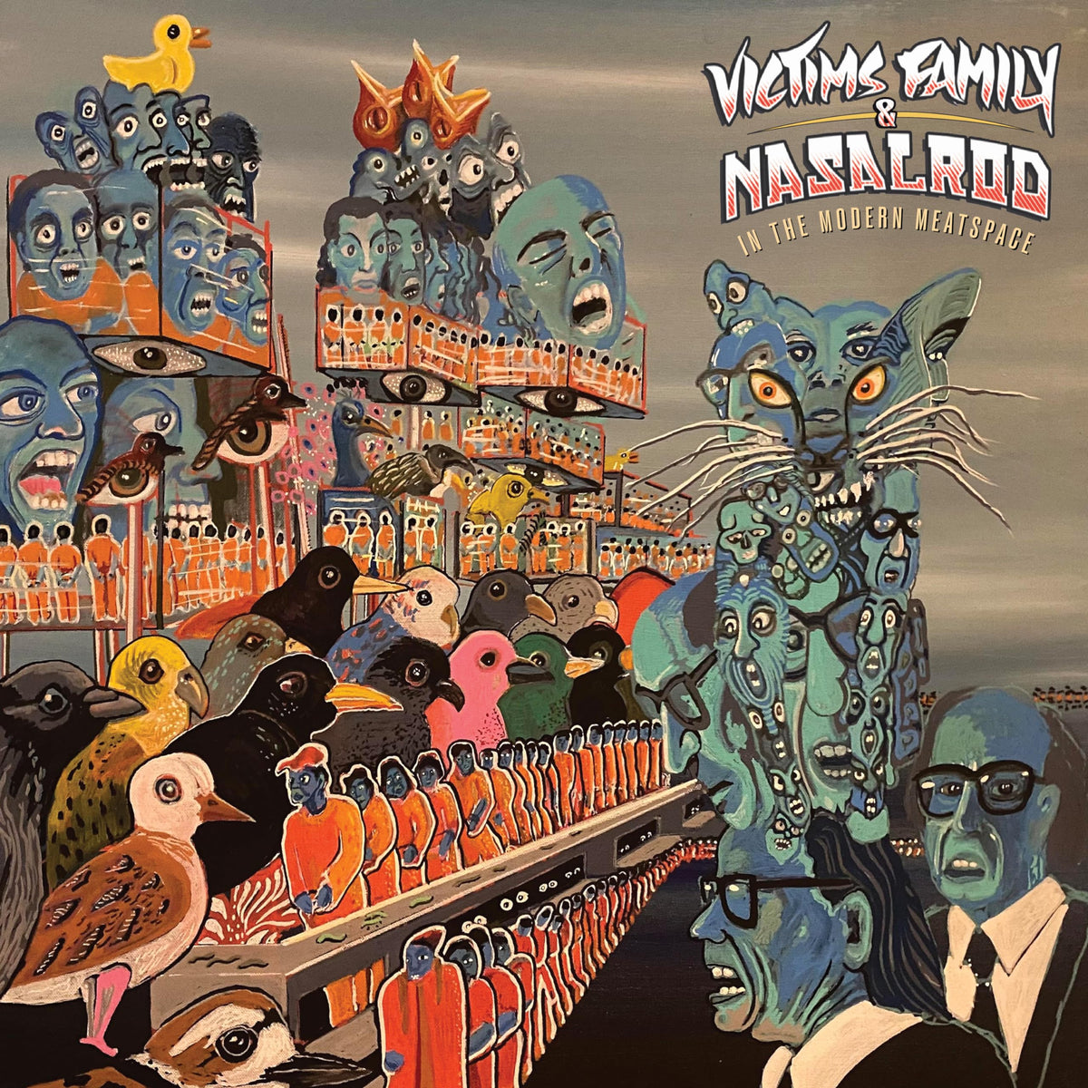 Surreal album cover with many faces, birds, and a cat in vibrant colors.