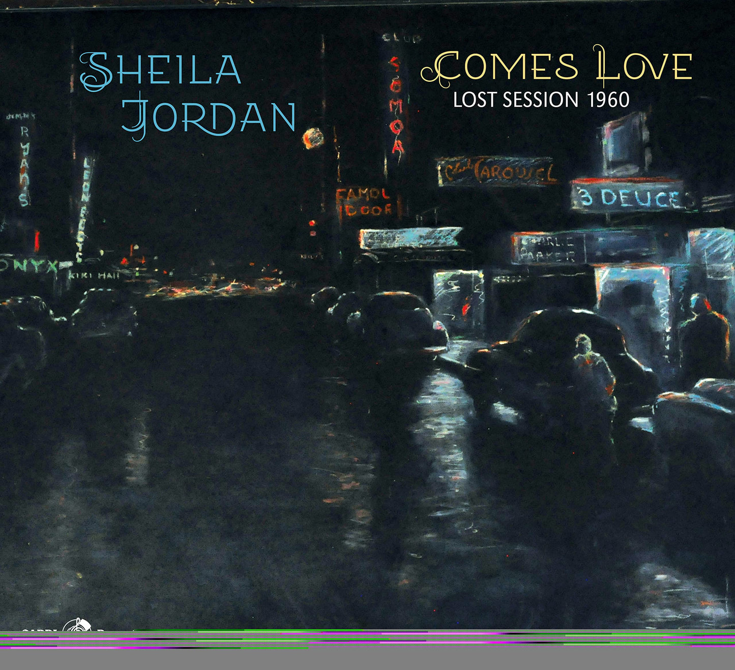 CD cover: Sheila Jordan, “Comes Love,” painted street scene, 1960.