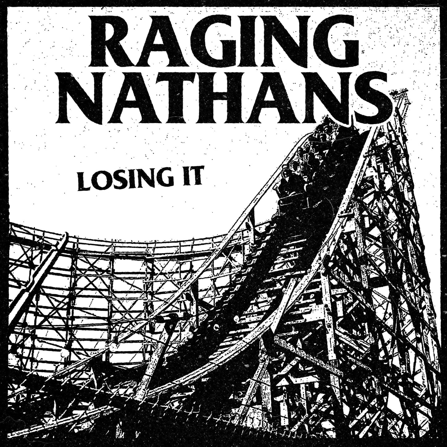 Black and white album cover for Raging Nathans’ “Losing It” with a rollercoaster.