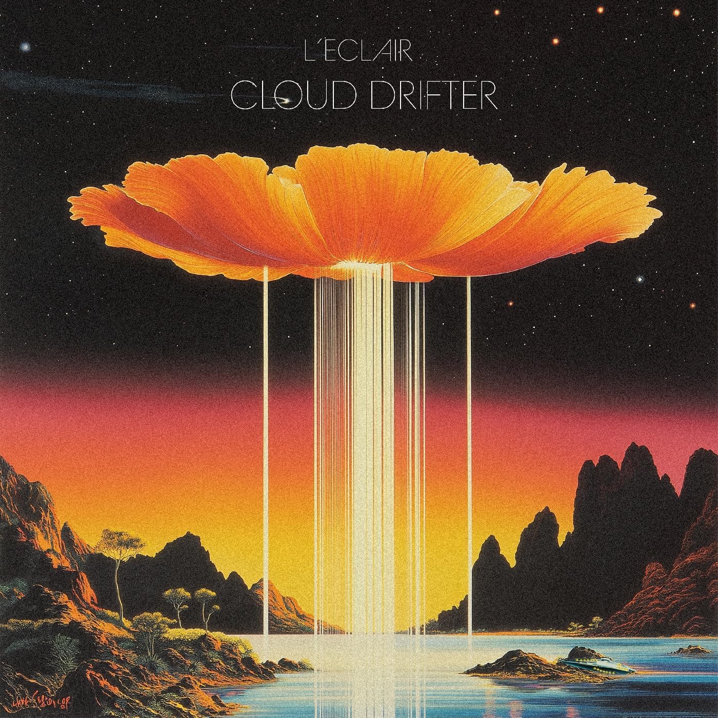Album cover: a large orange poppy over a mountainous, watery landscape.