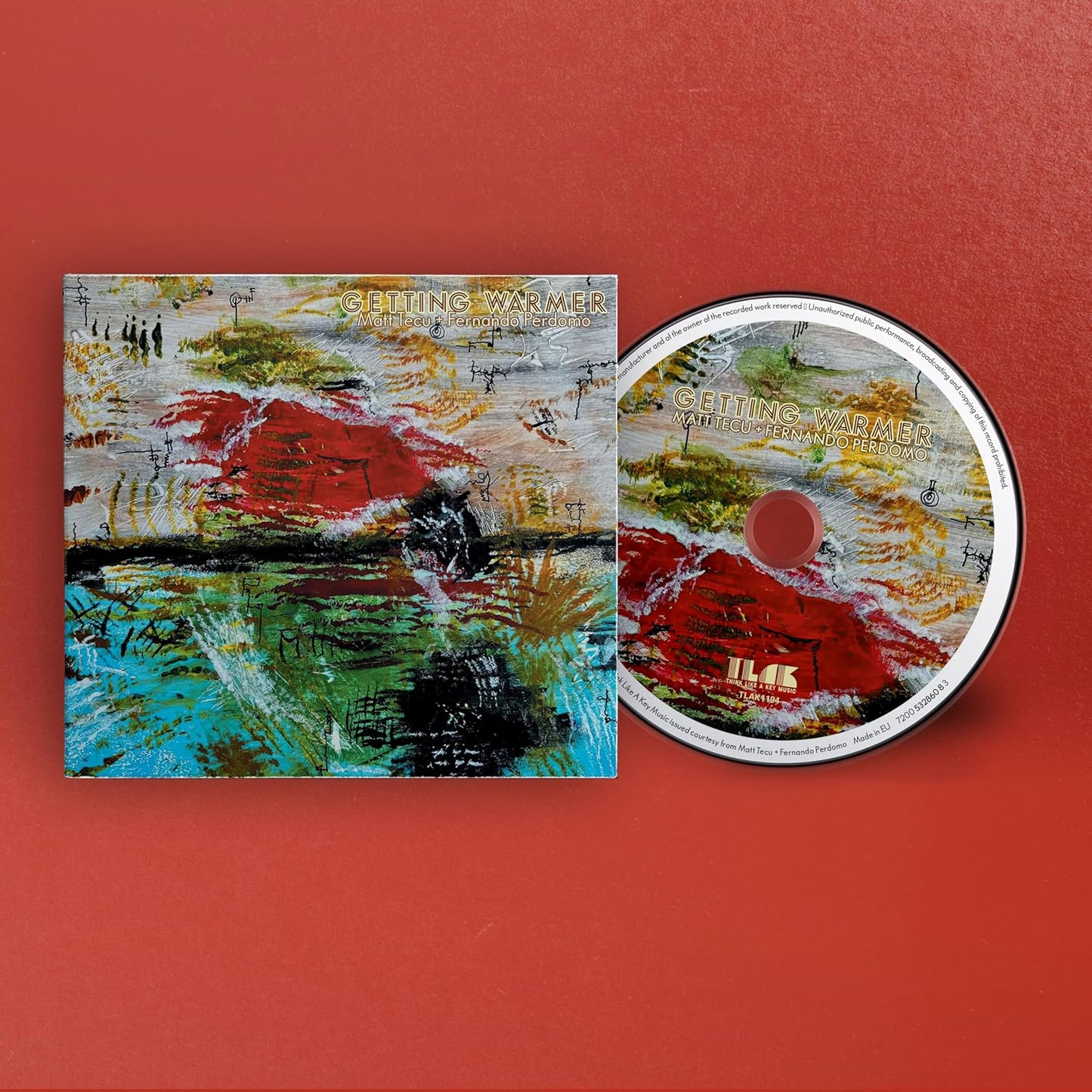CD case for “Getting Warmer” by Matt Tecu & Fernando Perdomo, abstract art.