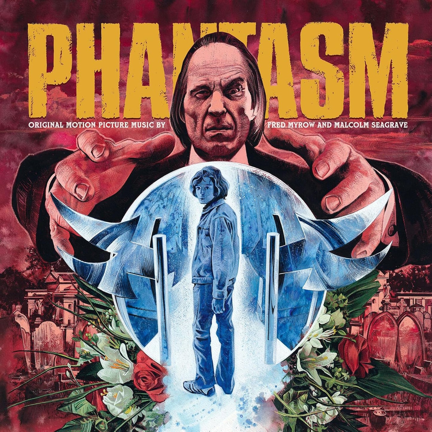 “Phantasm” soundtrack vinyl cover with illustrated figures and a spooky mansion.