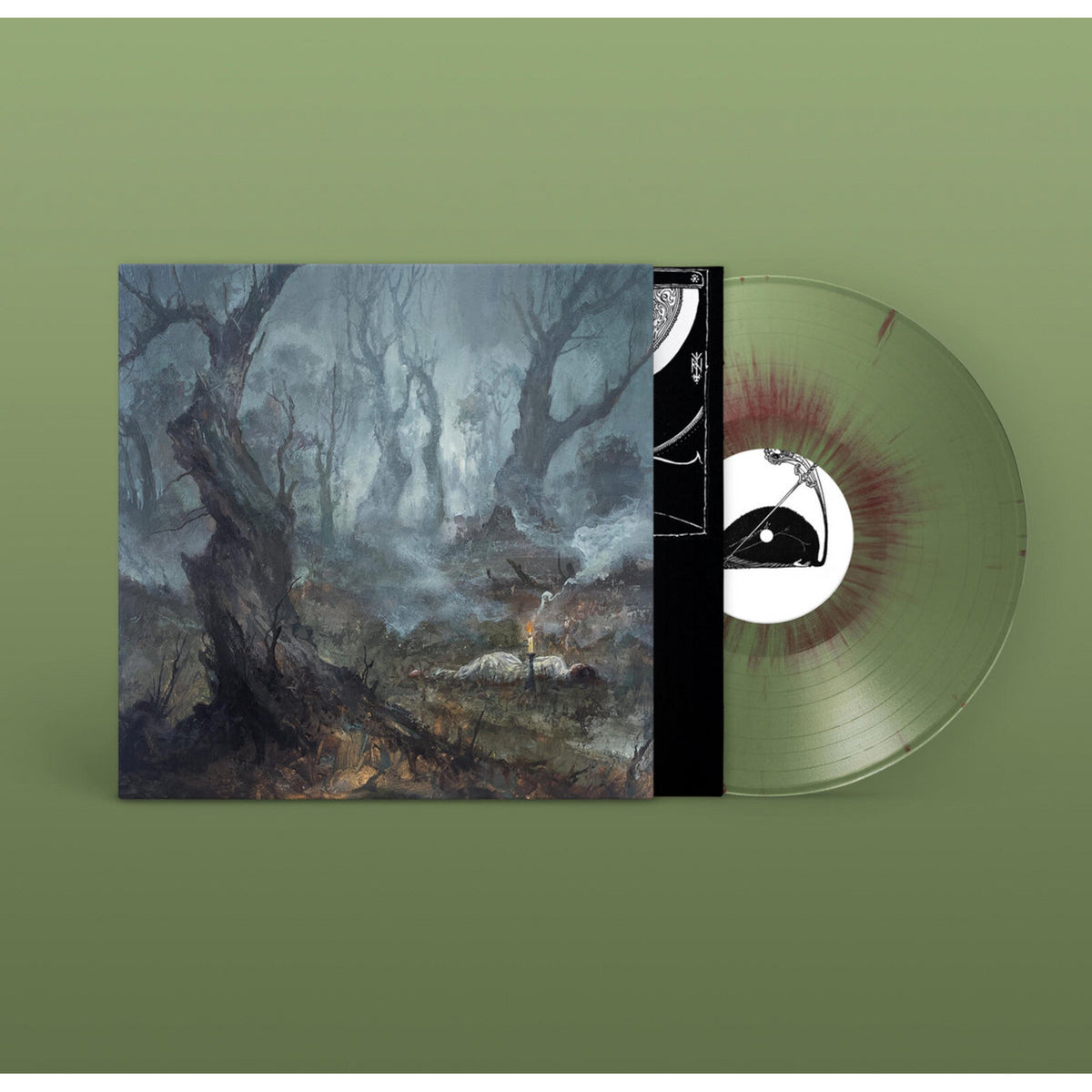 Vinyl record with dark forest artwork and green, red-splattered disc.