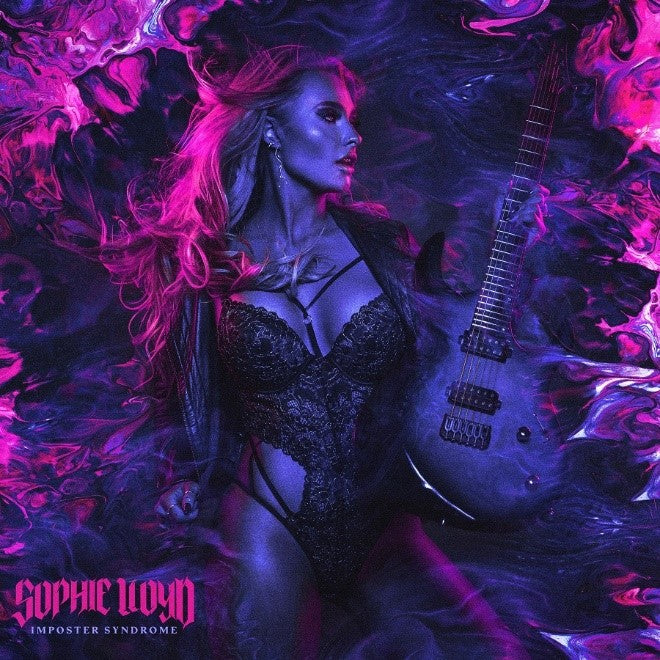 Sophie Lloyd posing with an electric guitar against a vibrant purple and pink background.