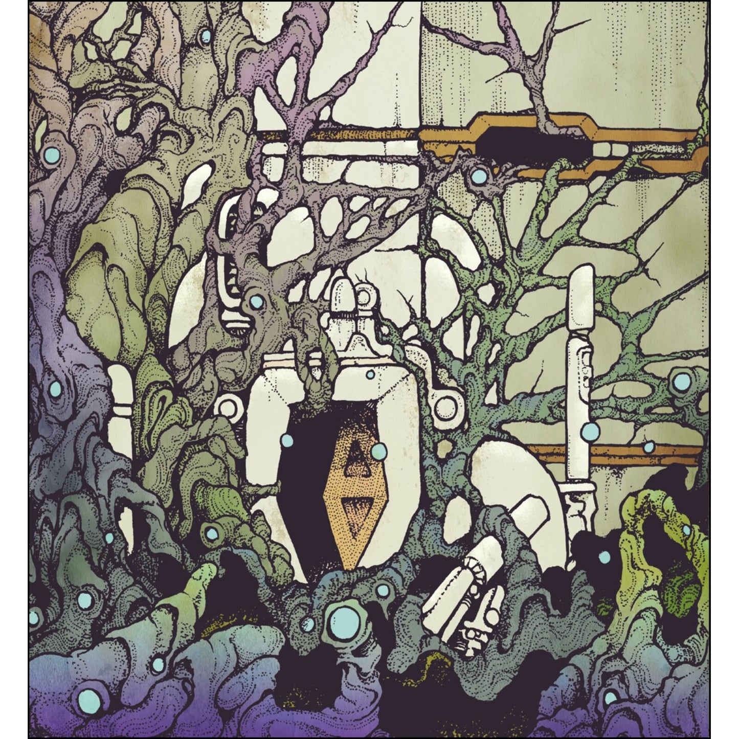 Surreal illustration of tangled, colorful branches and organic shapes surrounding a geometric stone structure.