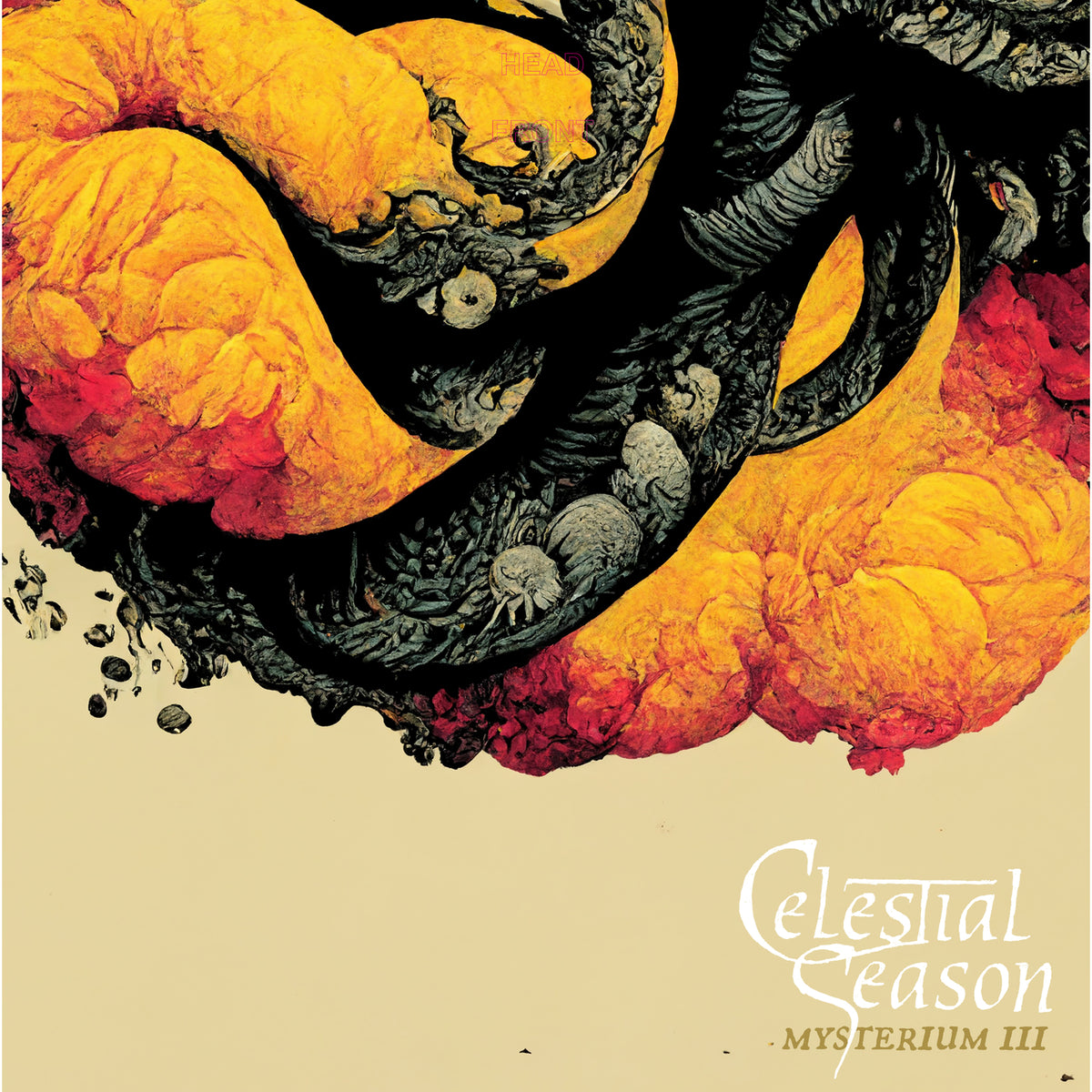 CD cover art with abstract, swirling dark shapes and yellow-orange hues.