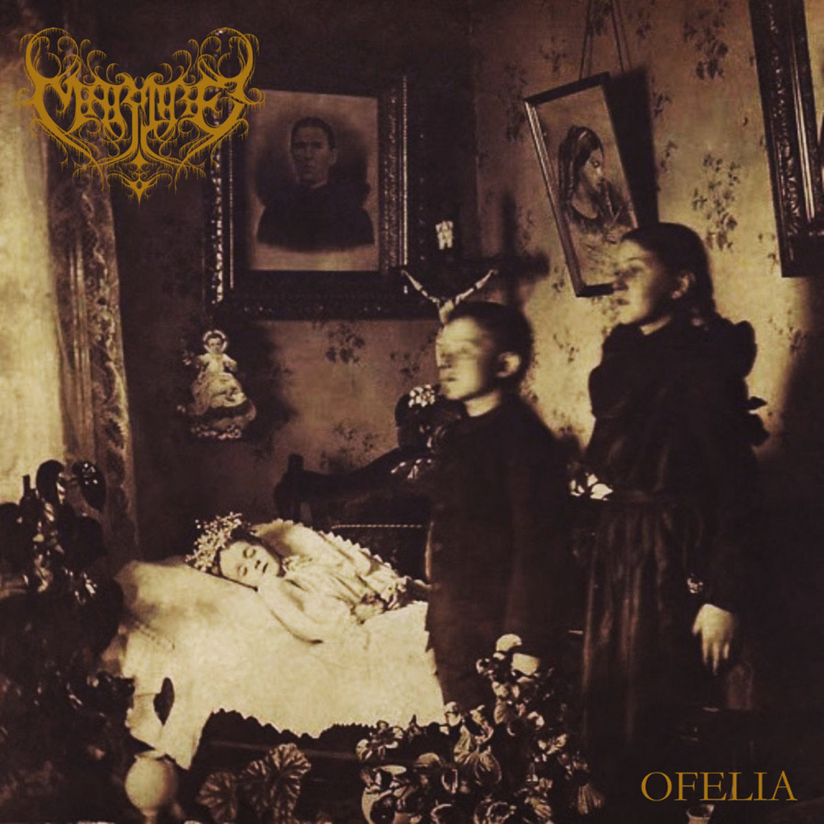 Sepia-toned album cover depicting two figures near a reclining person.