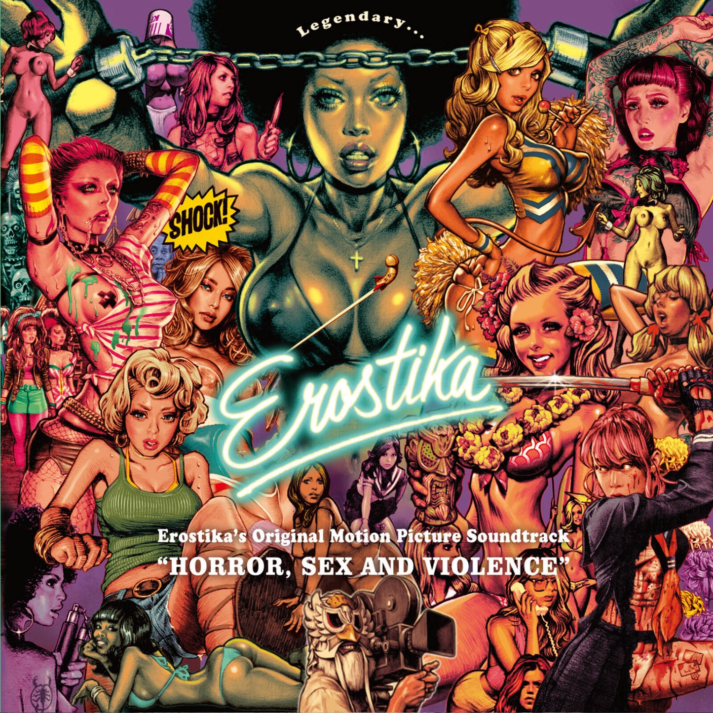 Colorful vinyl record cover featuring multiple stylized figures and bold text.