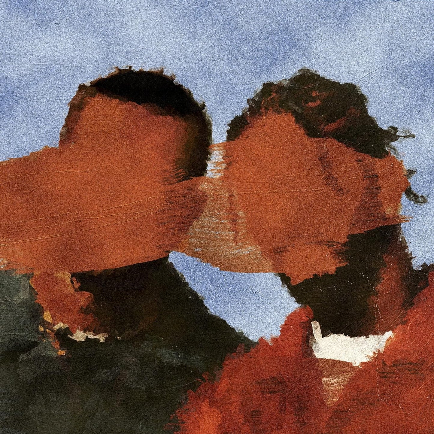 Abstract painting of two figures in orange and dark tones.
