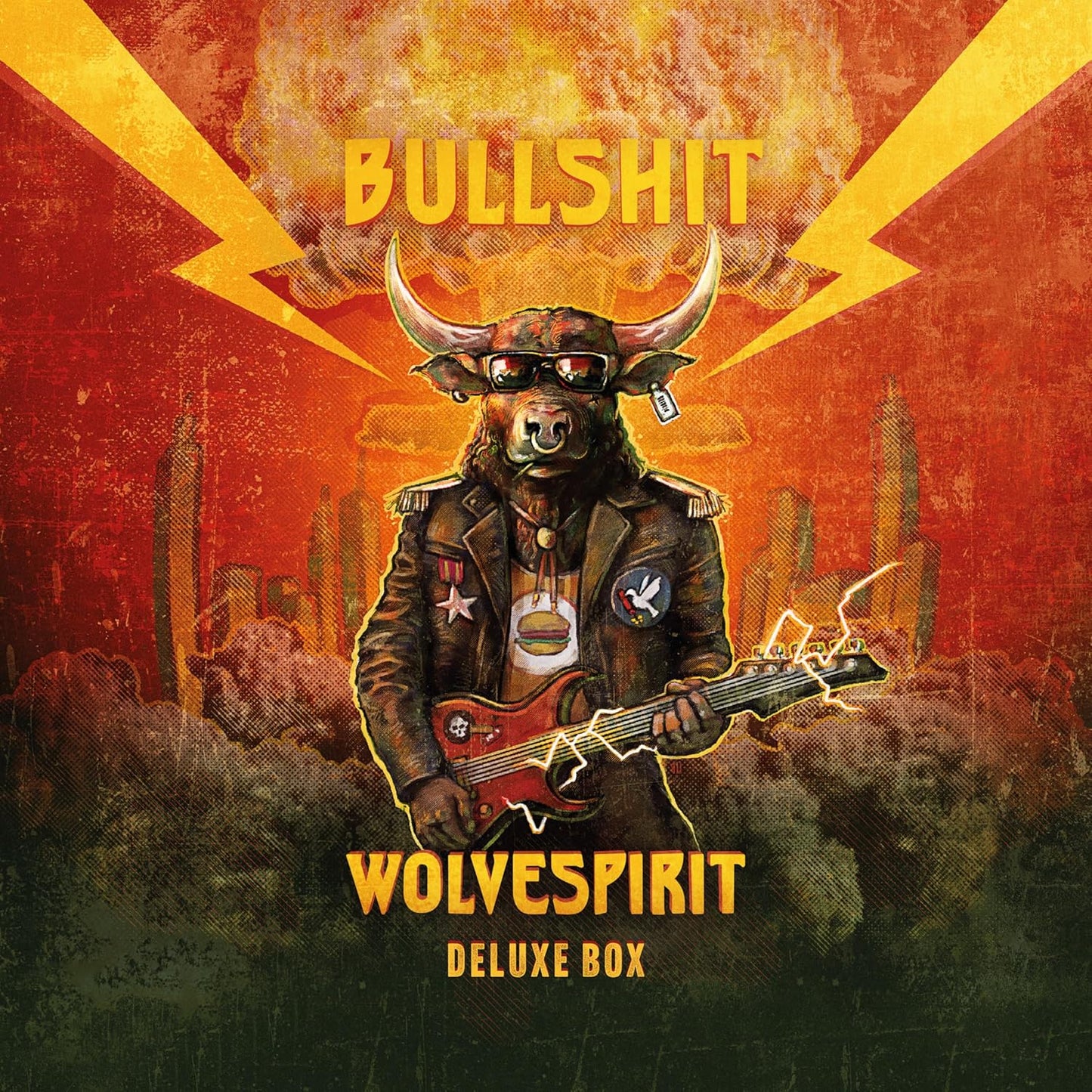 Bull wearing sunglasses and a leather jacket, playing a guitar.