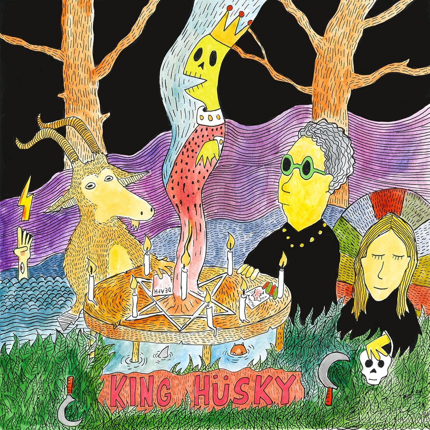 Hand-drawn album cover with figures, animals, candles, and the band’s name.