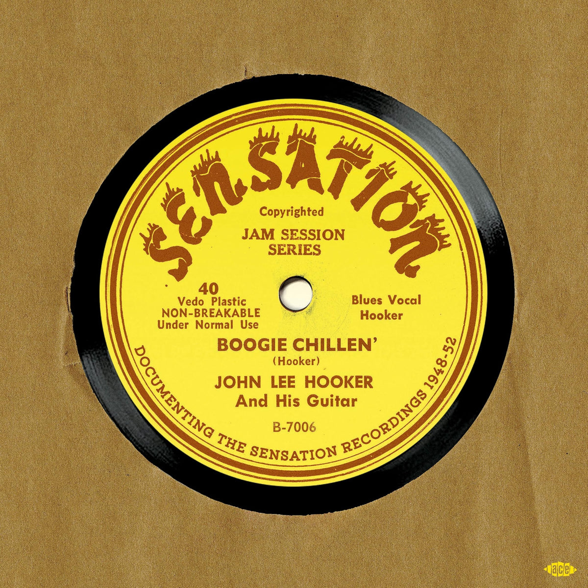 Vintage vinyl record label for John Lee Hooker’s “Boogie Chillen’”.