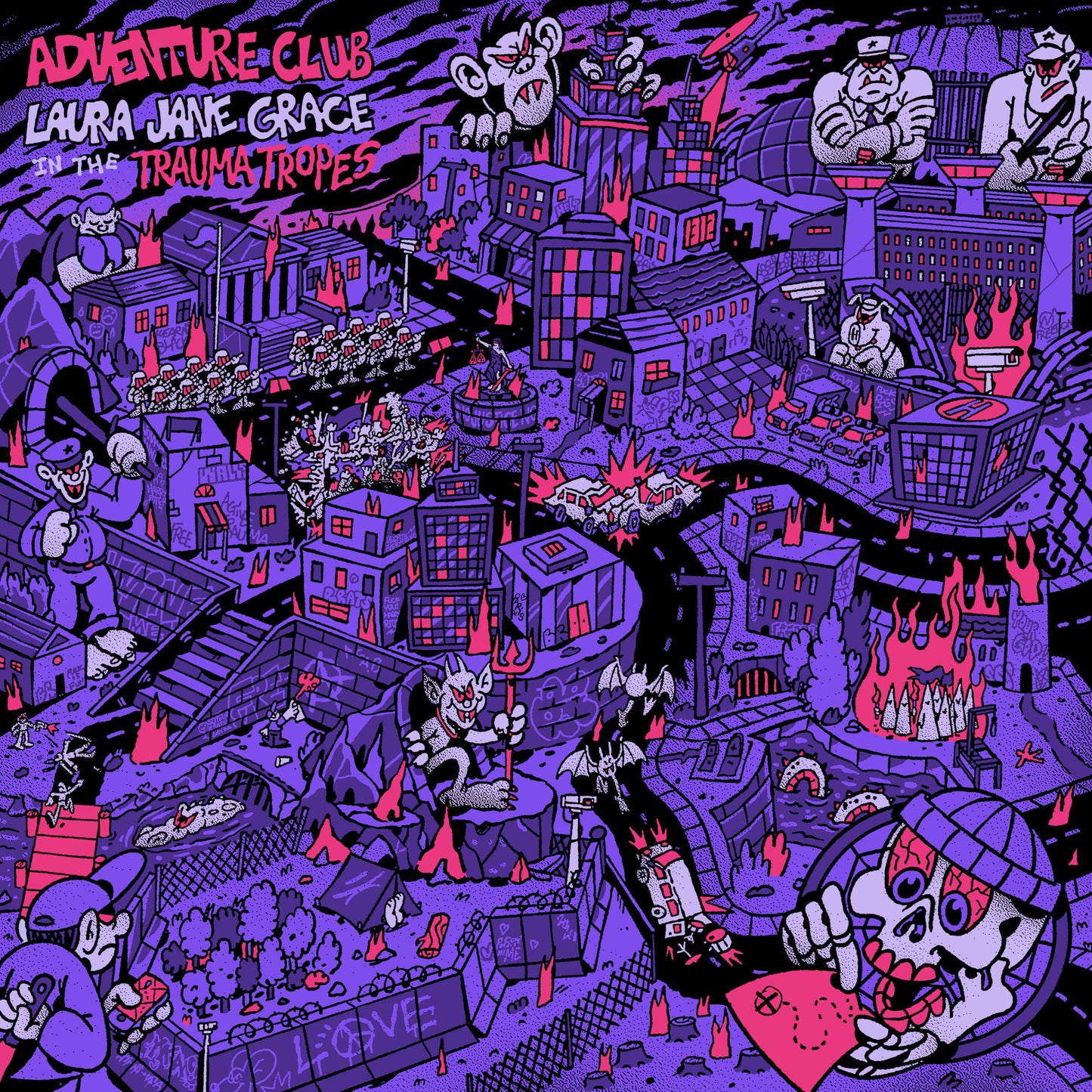 CD cover art: detailed, illustrated cityscape with cartoon characters.