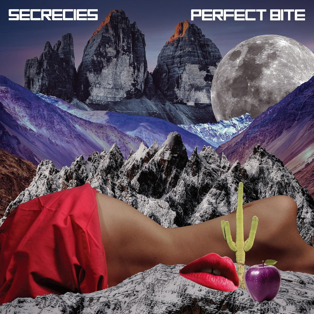 Album cover: mountains, moon, red torso, cactus, and an apple.