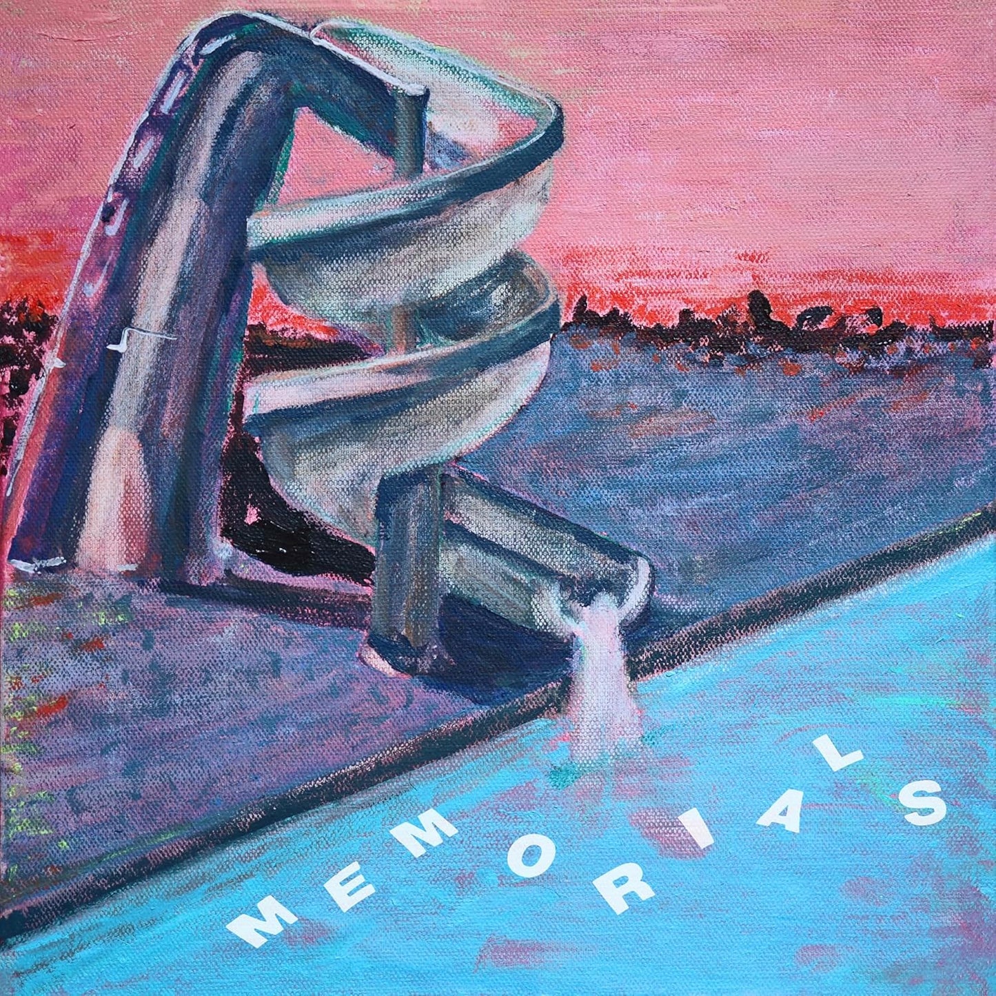 Painted image of a blue and white spiral waterslide over water.