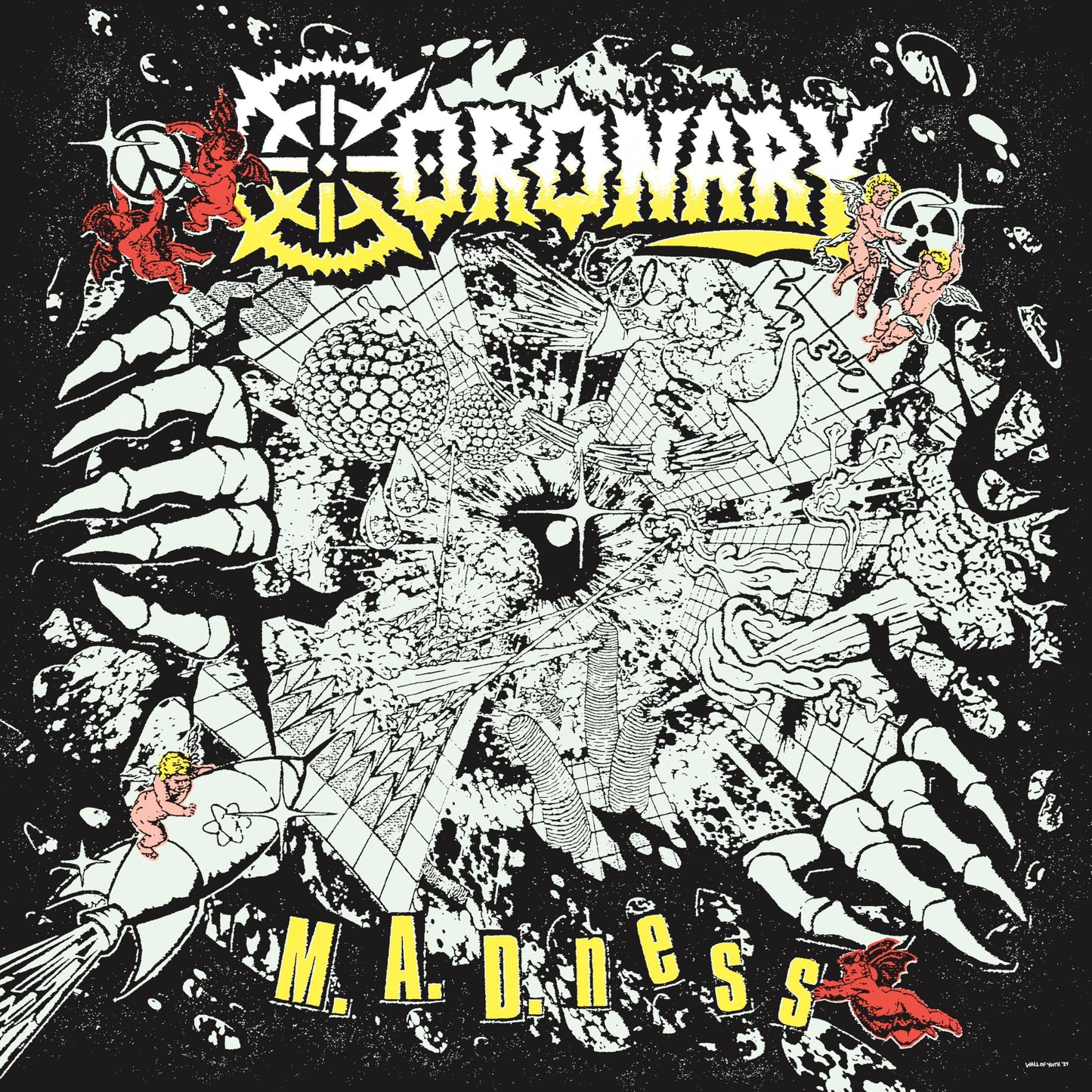 Black and white album cover with stylized text, demons, and skeletal imagery.