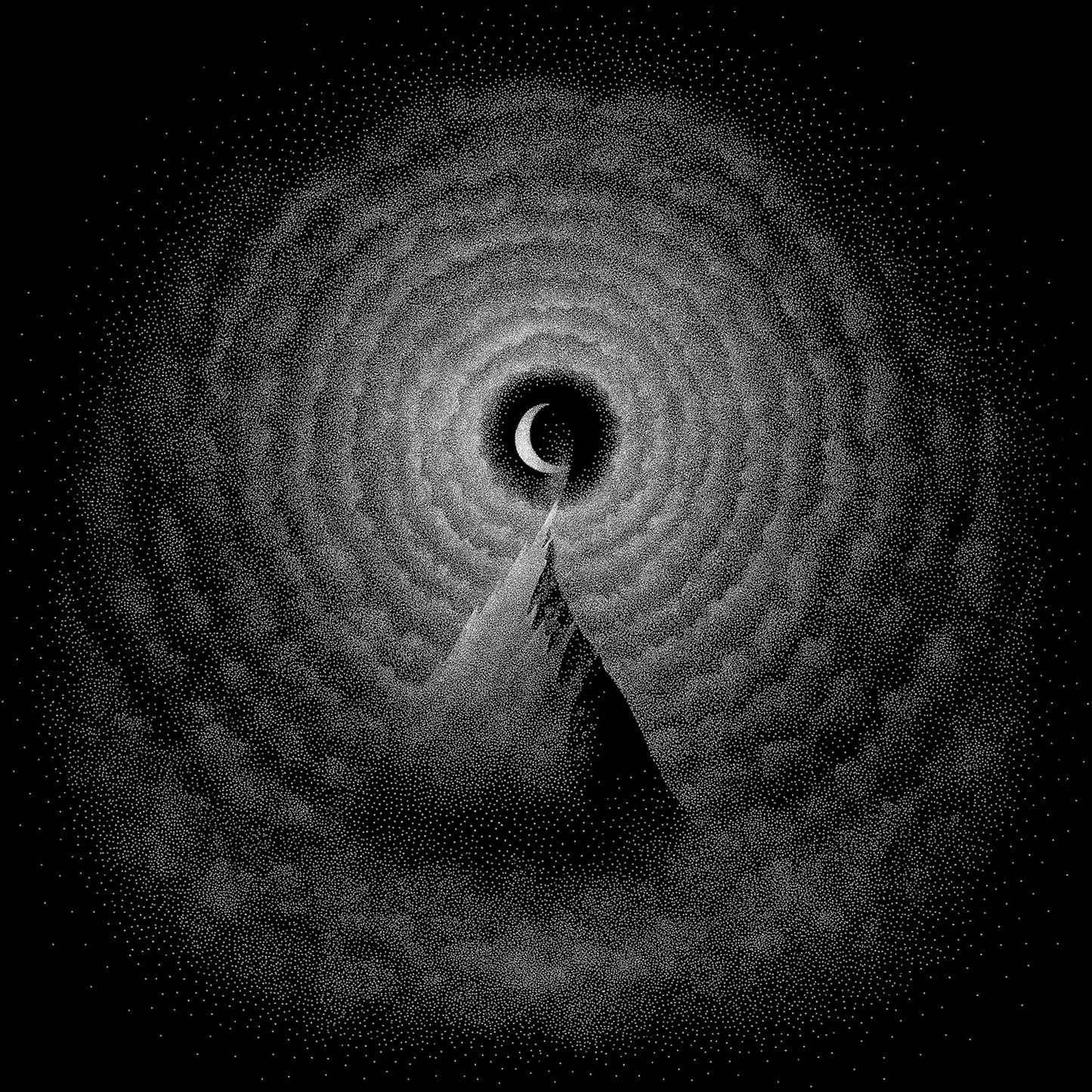 Black and white dotted image of a moonlit mountain path.