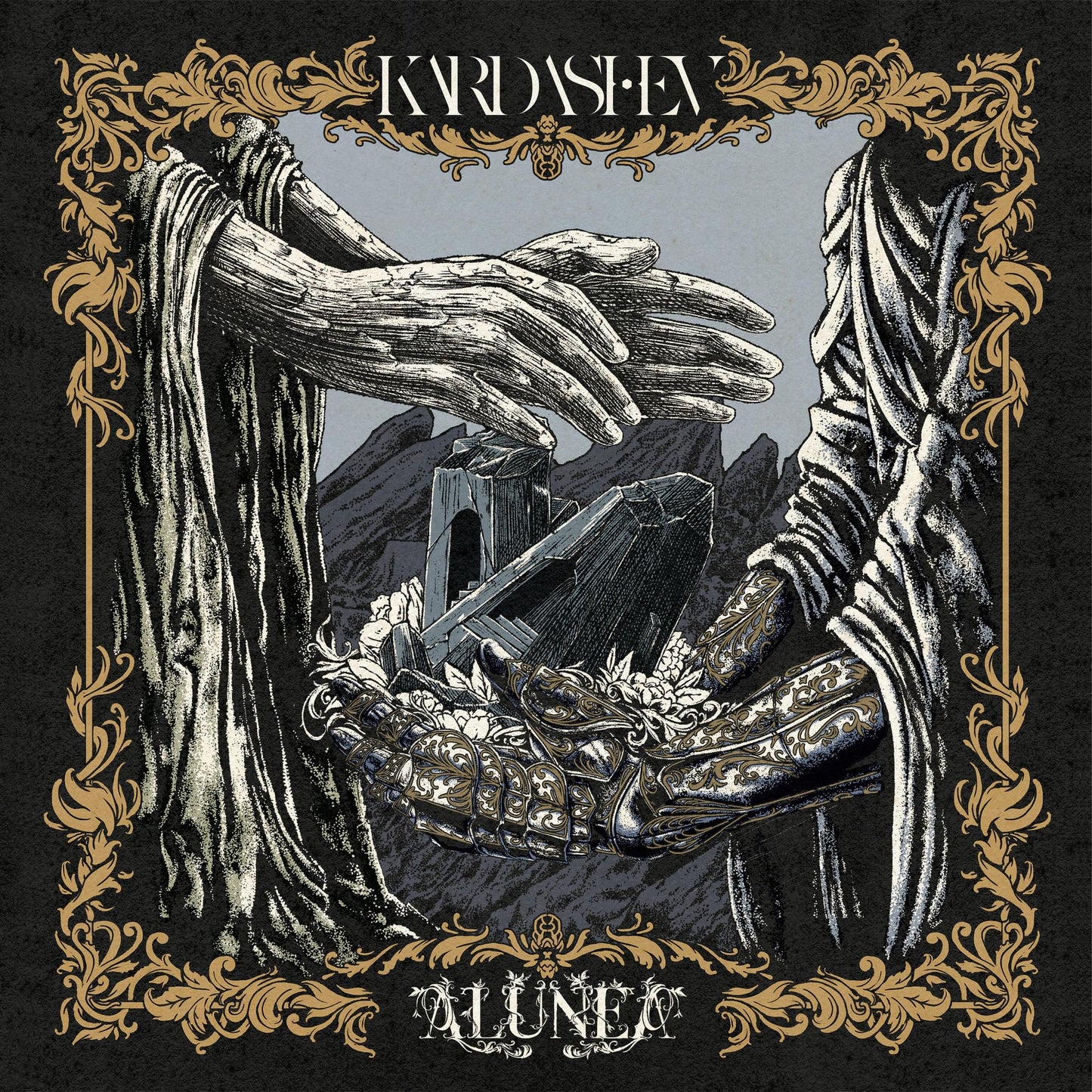 CD cover art: hands reaching over a mountainous, ornate landscape.