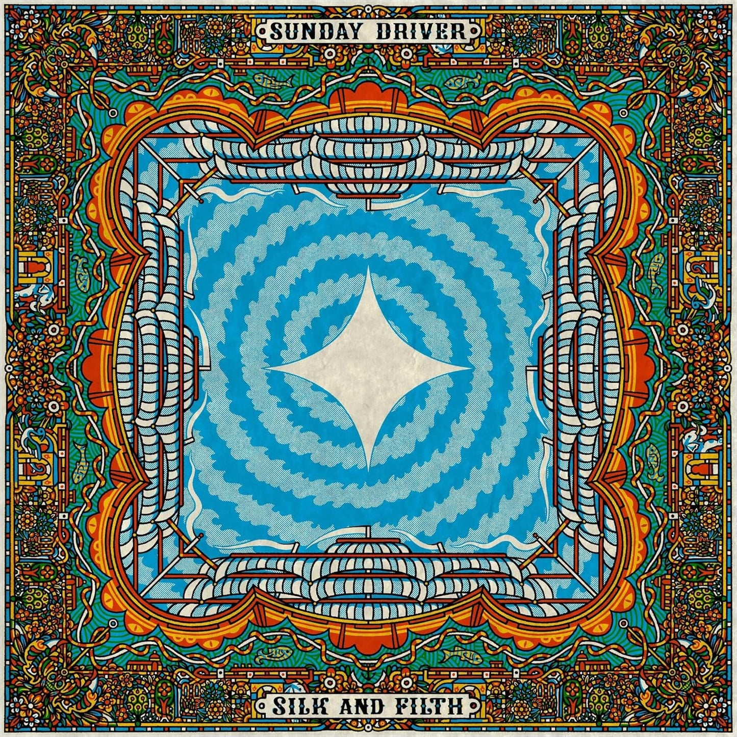Intricate blue and orange patterned album cover for “Silk And Filth”.