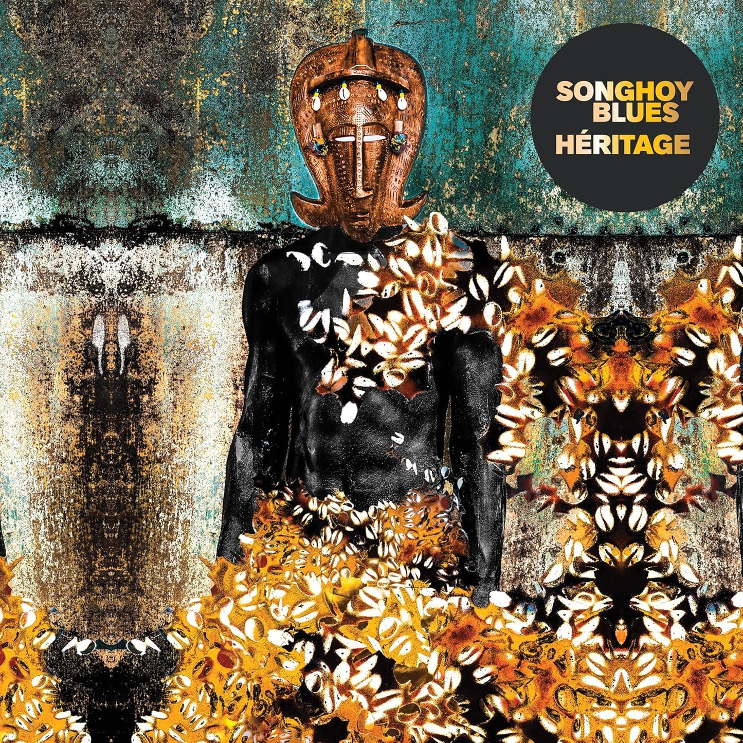 Album cover for Songhoy Blues’ “Heritage” featuring a golden mask and figure.