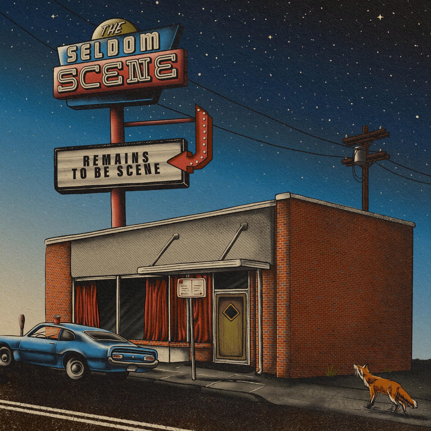 Album cover for "Remains to Be Scene" featuring a roadside building and fox.