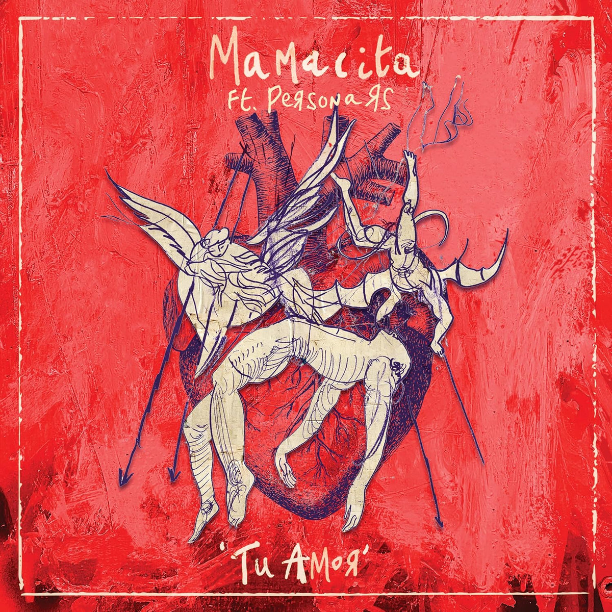 Red album cover with sketched figures and text "Mamacita Ft. Persona Rs - Tu Amor".