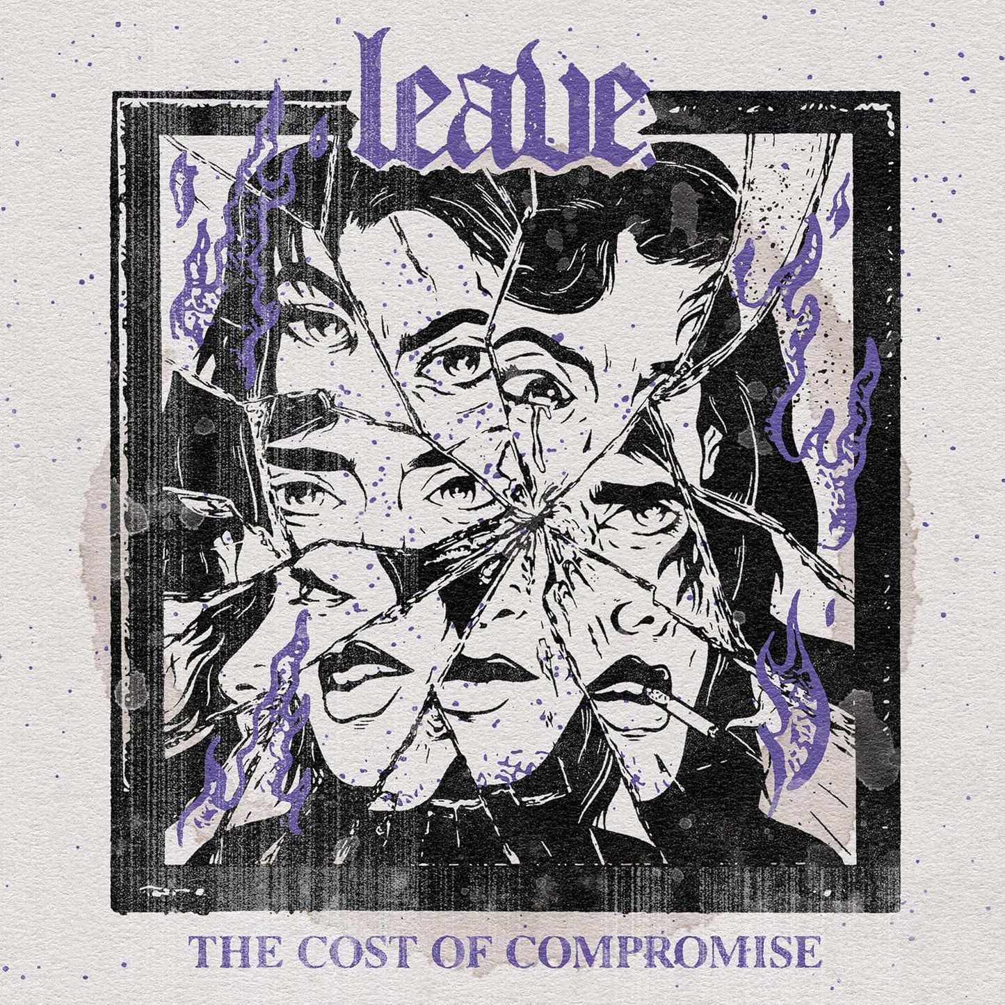 CD cover art: fractured faces with purple flames, titled "Leave.